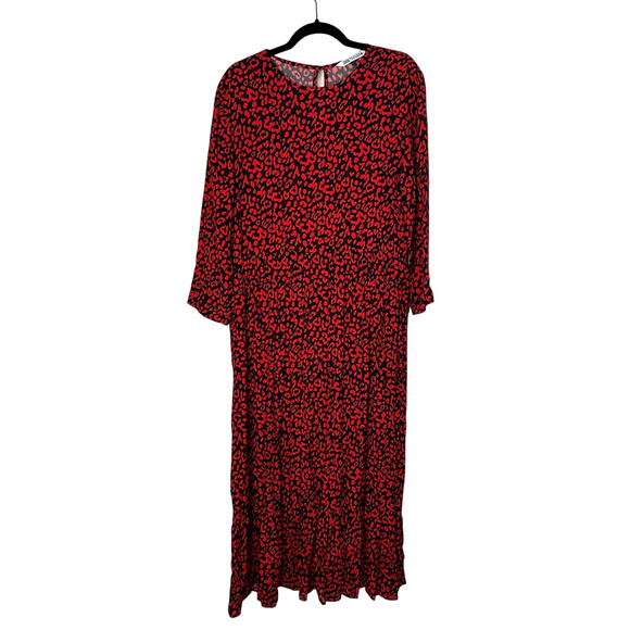 NEW! Zara Womans L Leopard Print Midi Dress Long Sleeve 100% Viscose Red Black - Picture 2 of 7